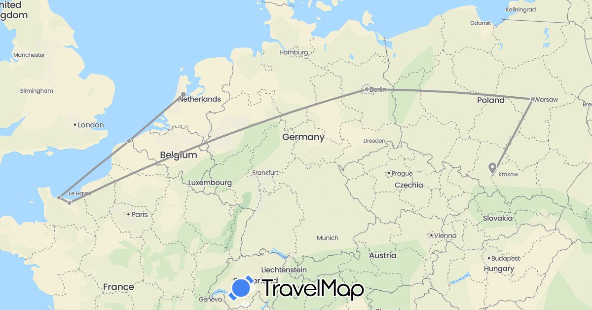TravelMap itinerary: driving, plane in Germany, France, Netherlands, Poland (Europe)